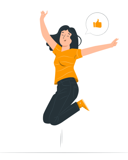 Self-Direction Keeps the Individual In Control of their Services! Enthusiastic woman in orange shirt jumps with joy.